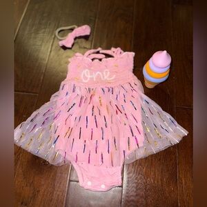 New Pink Girls 1st Birthday Dress, Headband, & Stacking Toy